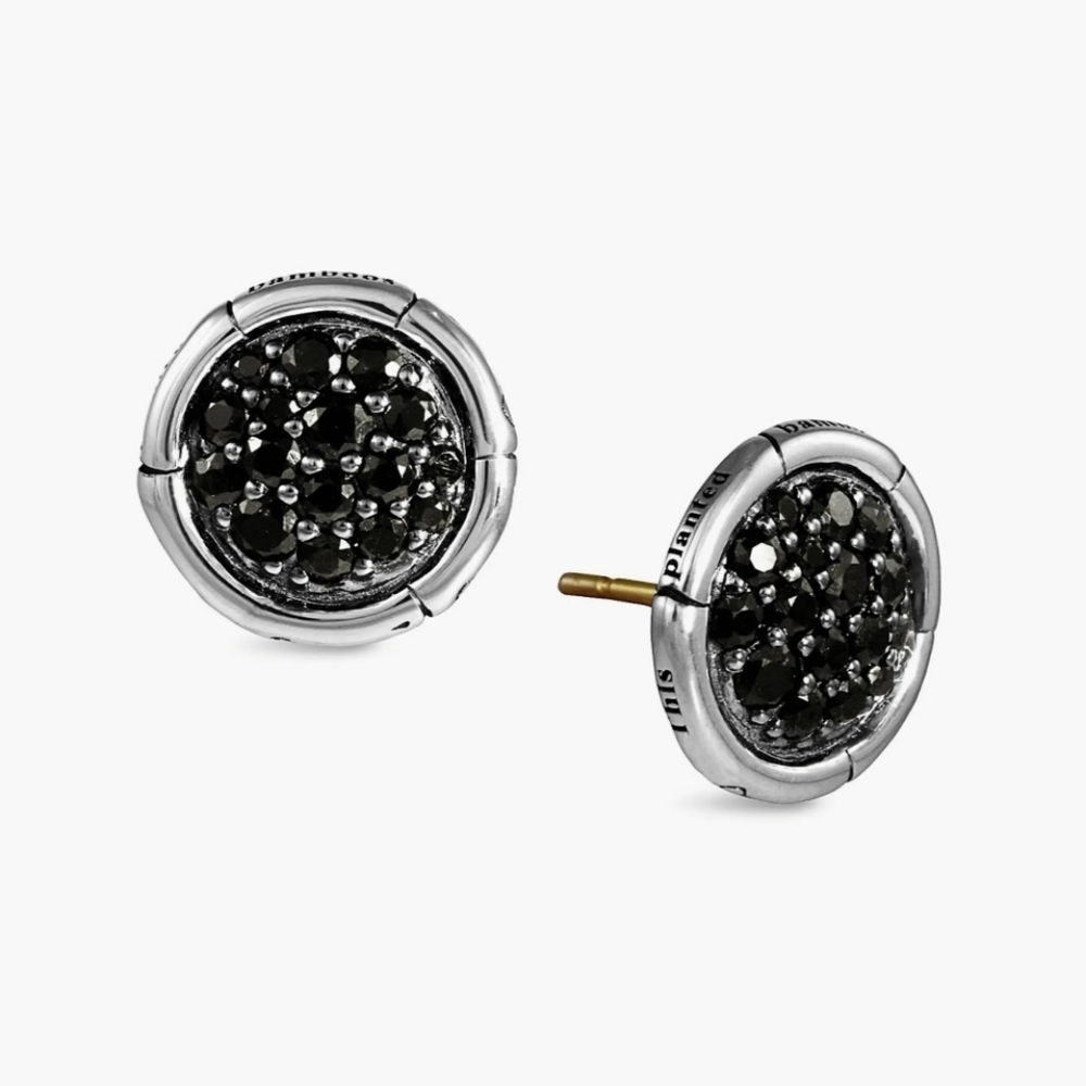 💎NEW💎 JOHN HARDY Bamboo Silver Circle Round Stud Earrings Pave Black Sapphires